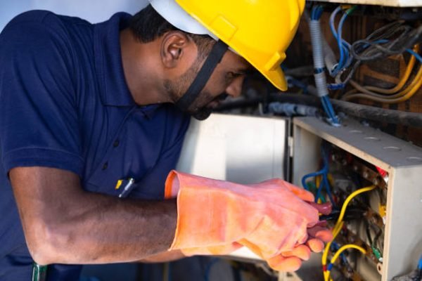 istockphoto-1369703409-612×612 Focus on hand, young electrical engineer with protective workwear repairing or connecting wires by using screw driver at workplace - Concept of hard working, Skilled repair man with safety precautions
