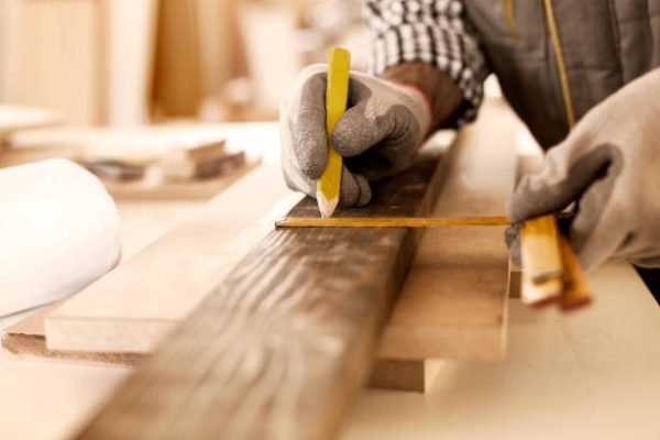 Senior carpenter taking measurement in his workshop Senior carpenter taking measurement in his workshop
